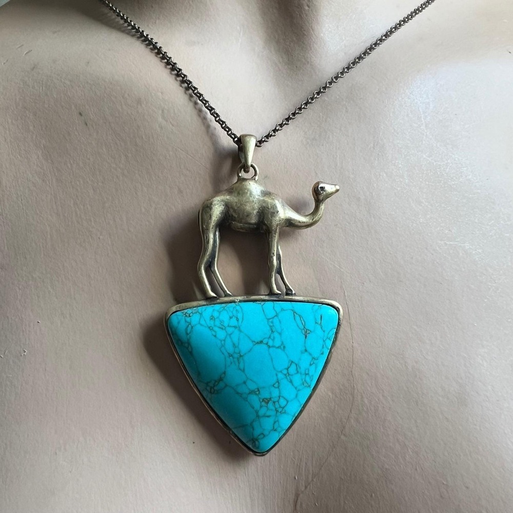 Vtg Brass Tone Camel Faux Turquoise Triangle Pendant Necklace 24" Desert Chic